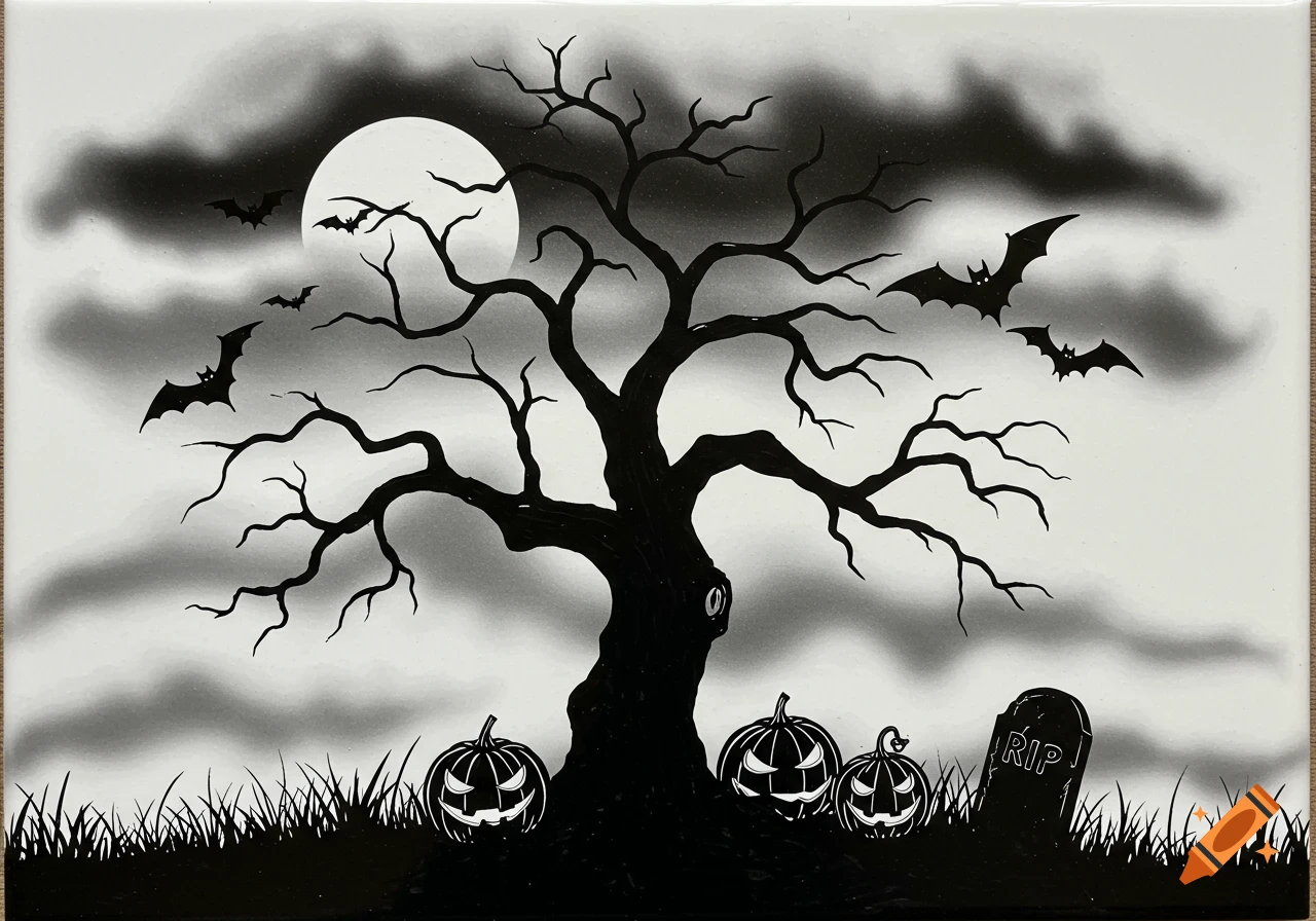 Black and white Halloween illustration with a bare tree, flying bats, a full moon, carved pumpkins, and a gravestone.