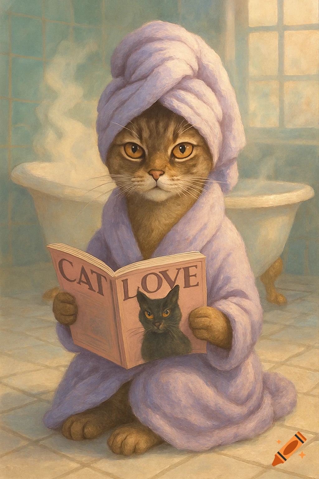 A tabby cat in a purple bathrobe and head towel reads a magazine titled 'CAT LOVE' in a bathroom with a steamy bathtub, painted in an illustrative style.