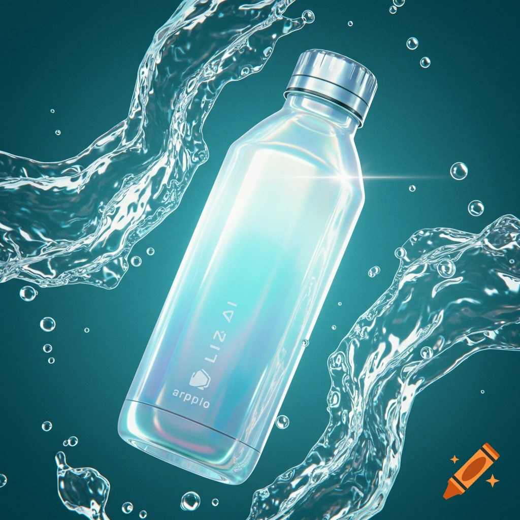 An innovative iridescent water bottle with water splashing around it on a teal background.