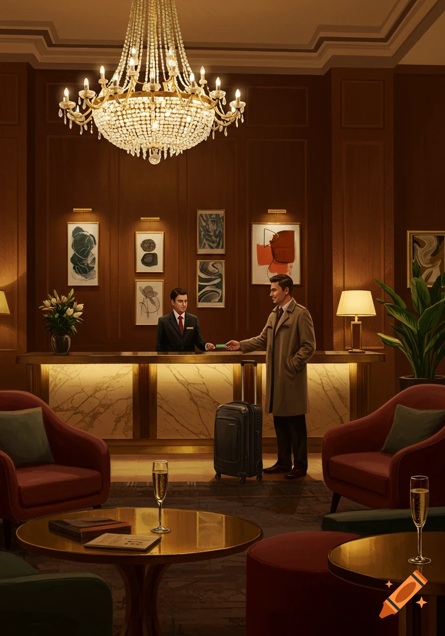 An illustrative scene of a man checking into a luxurious hotel lobby with a grand chandelier, marble counter, and modern art.