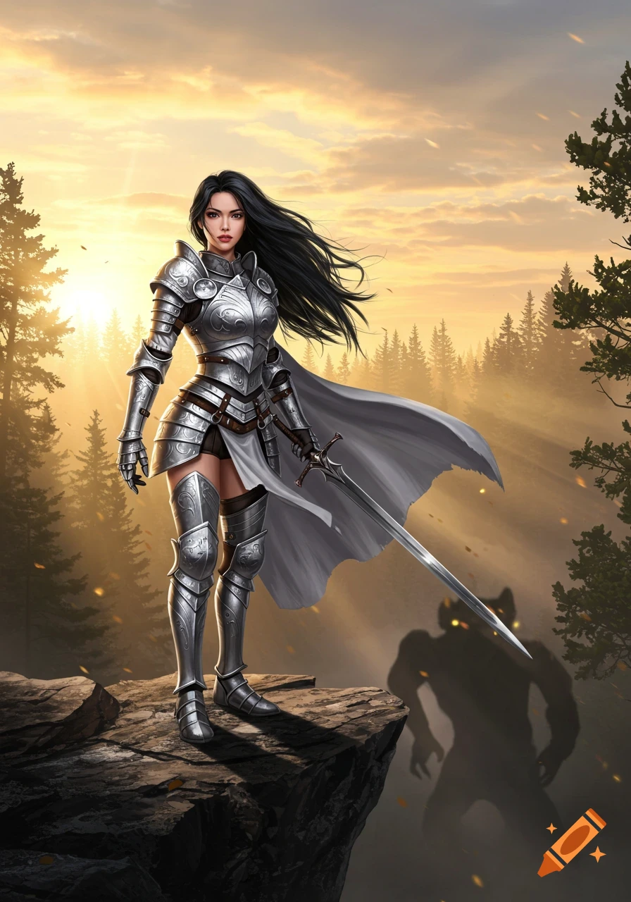 A female warrior in intricate silver armor stands on a cliff at sunset, holding a sword, with a large shadowy monster in the background.