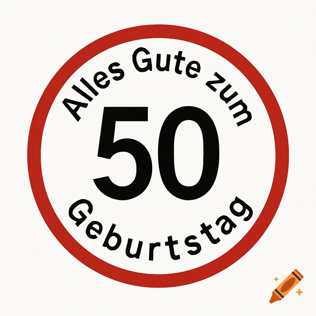 A red-bordered white circle with the number 50 in the center and "Alles Gute zum Geburtstag" (Happy Birthday) text arcing around it in black.