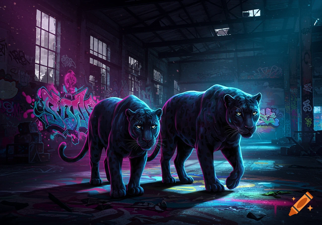 Two black panthers with glowing eyes walk through a neon-lit, graffiti-covered abandoned warehouse.