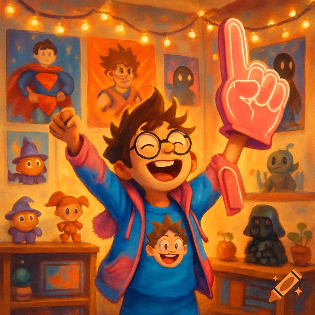 A joyful cartoon boy wearing glasses and a blue jacket holds a pink foam finger aloft in a brightly lit room decorated with posters and toys.
