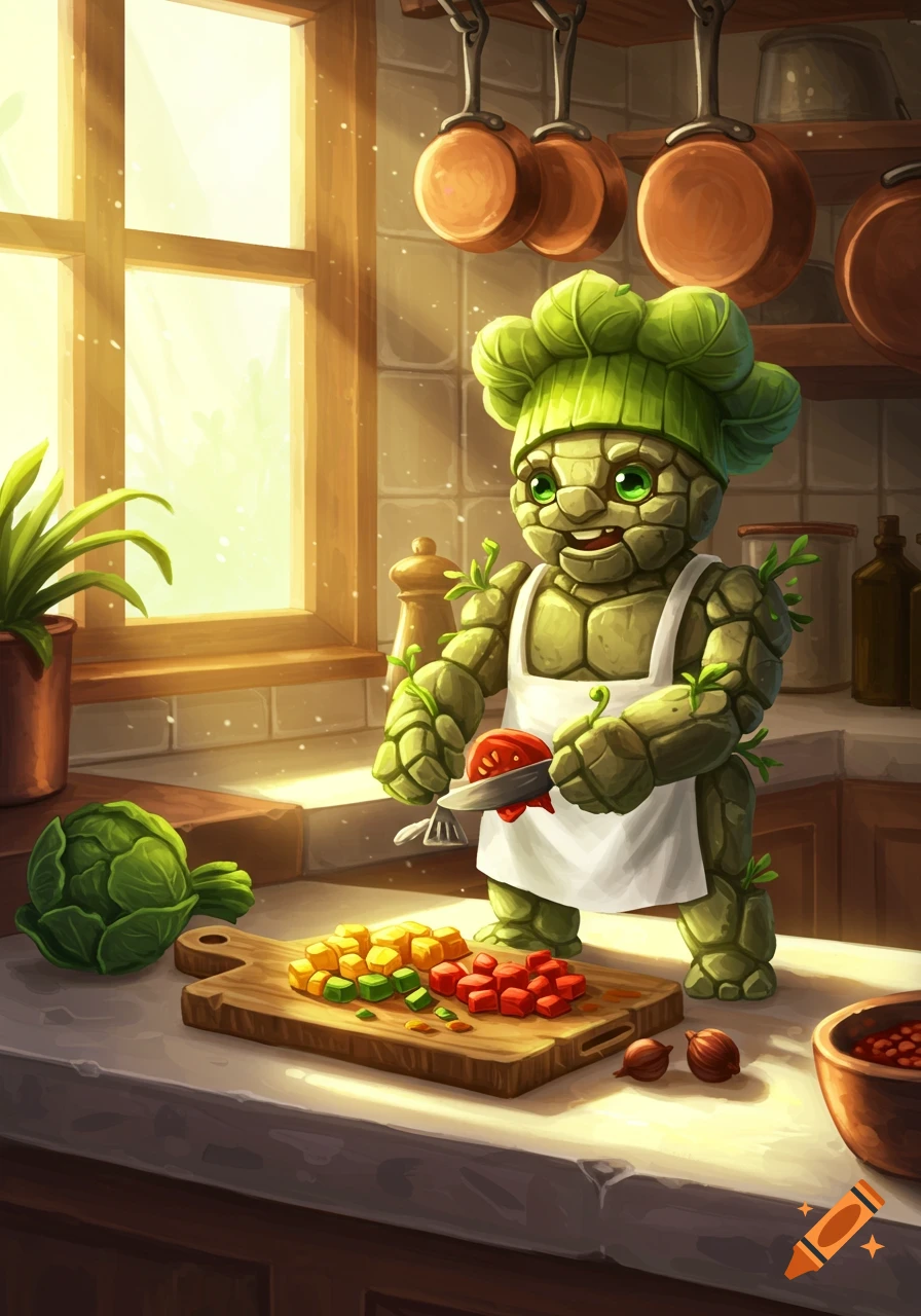 A tiny golem chef chops vegetables in a sunlit kitchen, cartoon illustration.