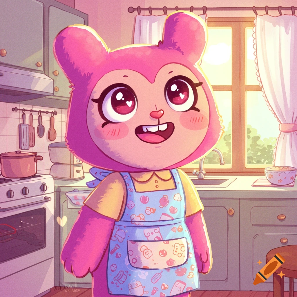A cute pink cartoon character wearing a blue apron stands smiling in a sunny kitchen.
