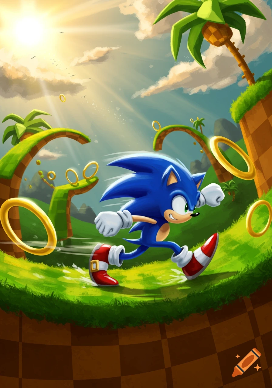 Sonic the Hedgehog speeds through a vibrant Green Hill Zone, collecting golden rings under a bright, sunny sky.