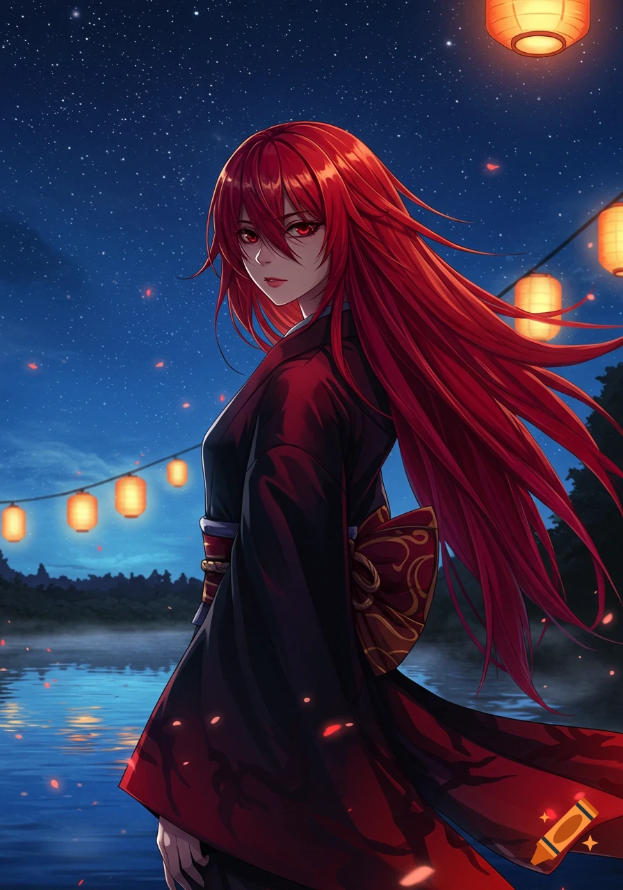 Anime girl with long red hair and red eyes, wearing a dark kimono by a lake at night with glowing lanterns and stars.