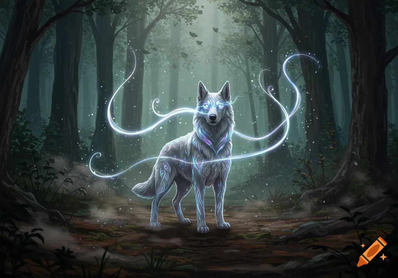 A majestic white wolf with glowing blue eyes and magical glowing fur stands in a dark, enchanted forest with swirling light.