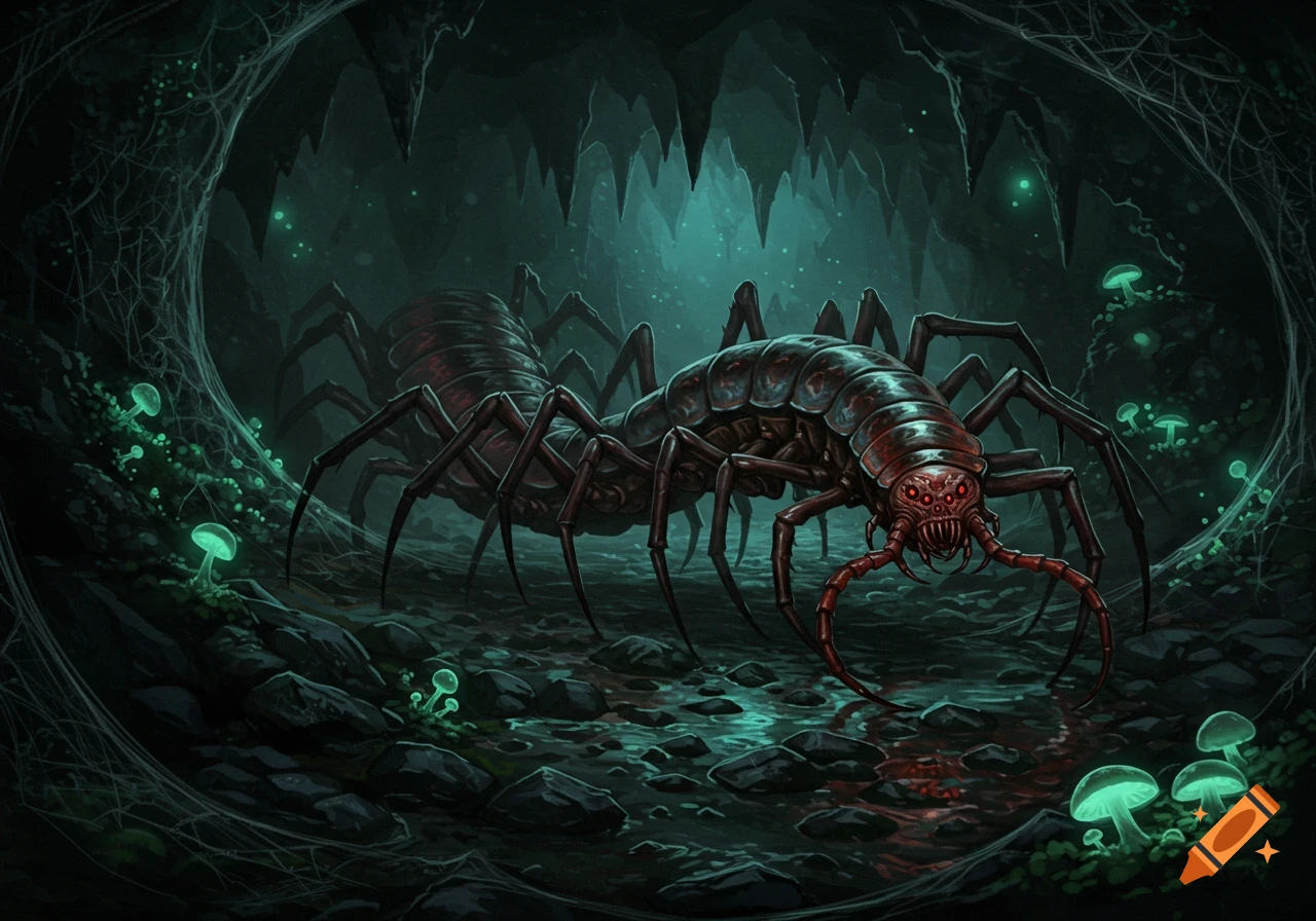 A large, menacing centipede-spider hybrid stands in a dark, glowing cave, digital art.