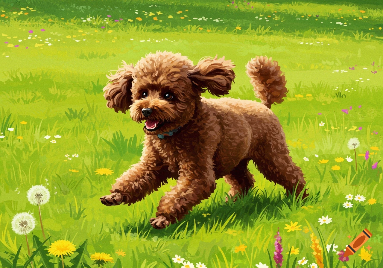 A happy brown poodle with a teddy bear cut runs joyfully through a vibrant green grassy field dotted with colorful wildflowers, depicted in an illustrative style.