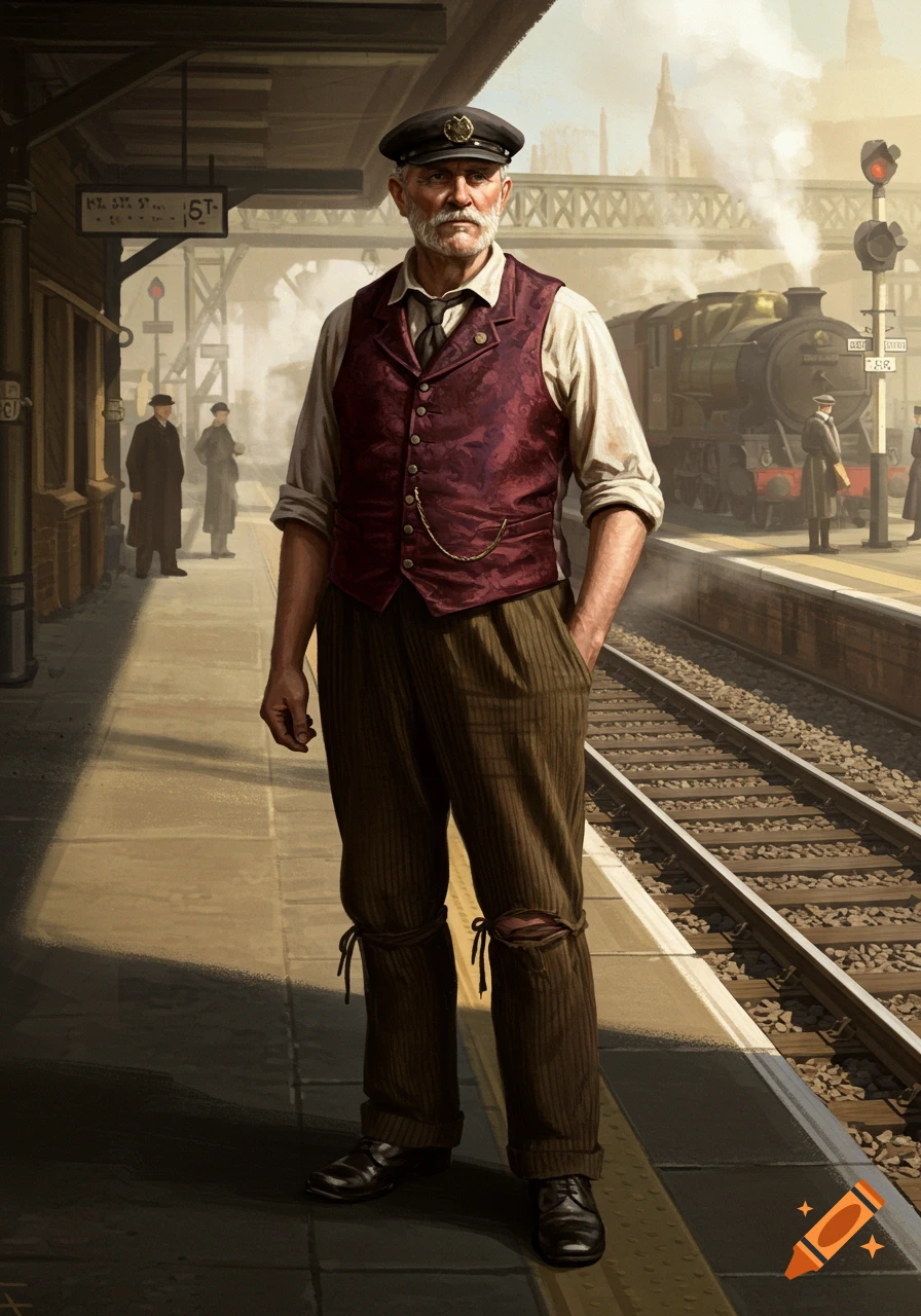 Bearded railway man in a cap, maroon waistcoat, and torn brown trousers stands on a platform with a steam train behind him.