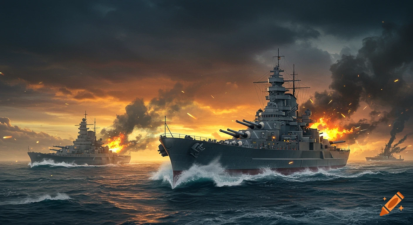 Two massive battleships exchange fire during a dramatic naval duel at sea under a stormy, fiery sky, photorealistic style.