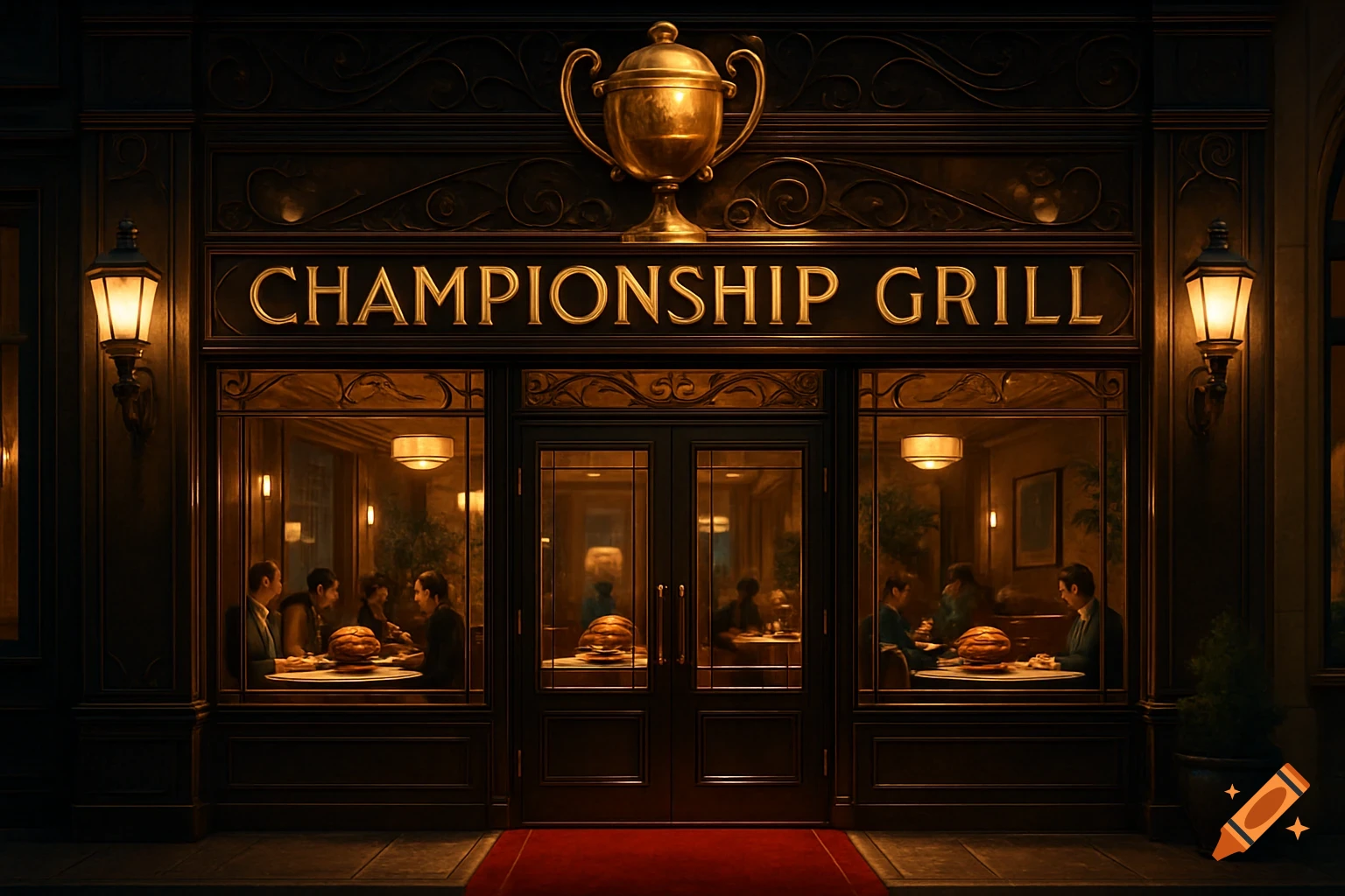 A fancy restaurant called 'Championship Grill' with a golden trophy above its ornate entrance, patrons dining inside, and warm lantern light.