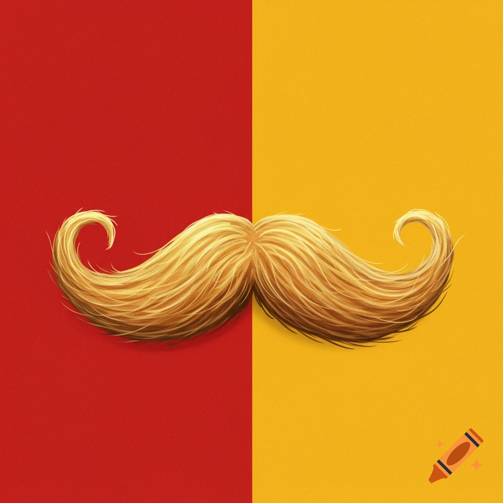 A curled blonde mustache centered against a background split vertically into solid red on the left and solid yellow on the right, in an illustrative style.