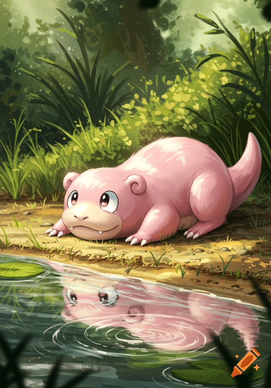 A pink, otter-like creature resembling Slowpoke lies by a pond in a lush forest, its reflection visible in the water.