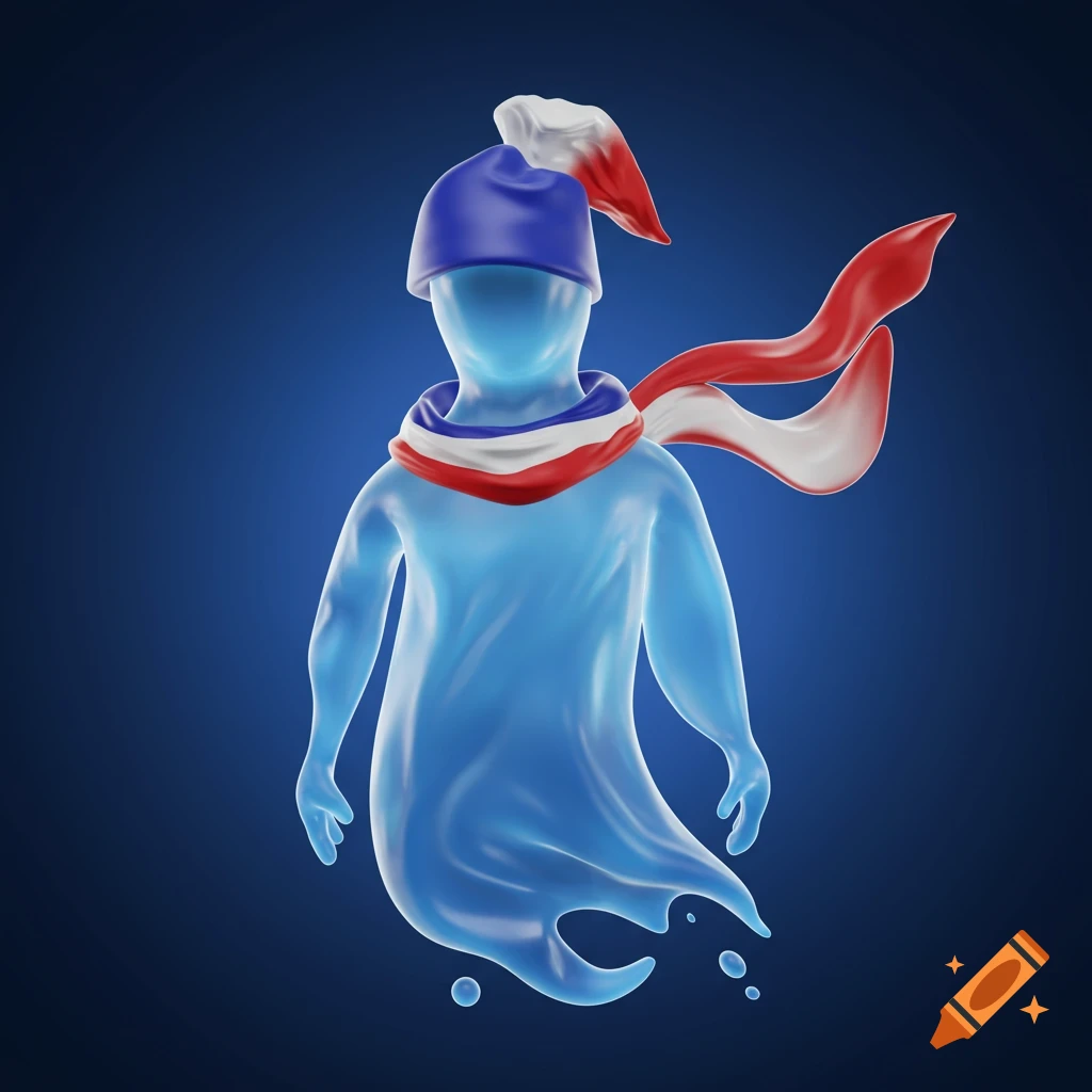 A translucent blue liquid-like figure wearing a blue beanie with a white and red plume and a French tricolor scarf, against a dark blue background.