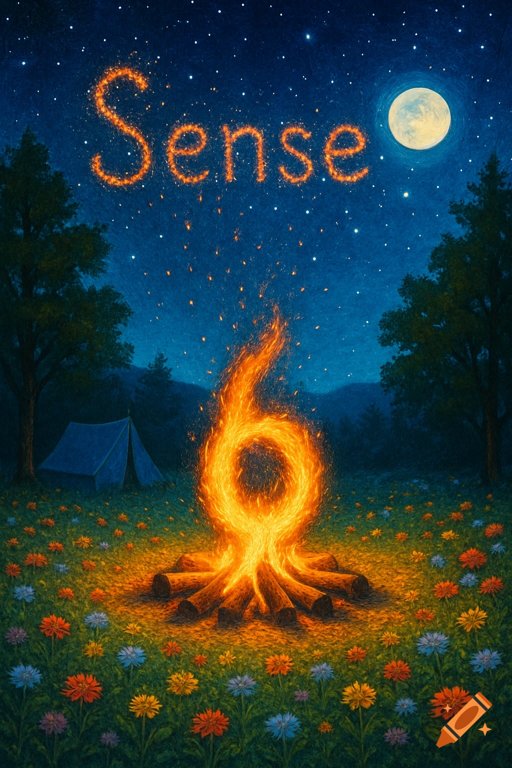 A stylized night scene with a campfire shaped like the number 6, embers spelling 'Sense' above. A tent and colorful flowers are in the field under a starry, moonlit sky.