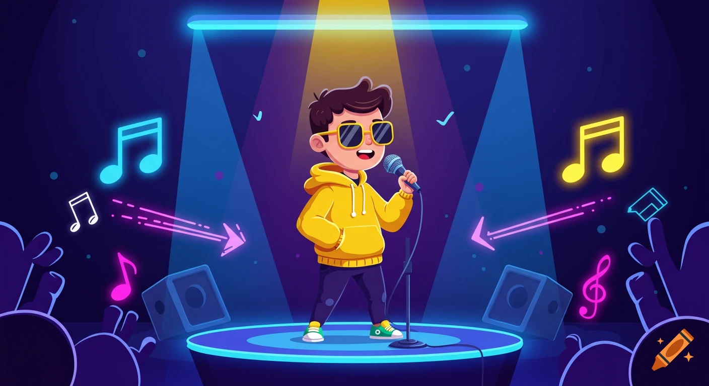 A cool cartoon boy in a yellow hoodie and sunglasses sings into a microphone on a neon-lit stage with musical notes.