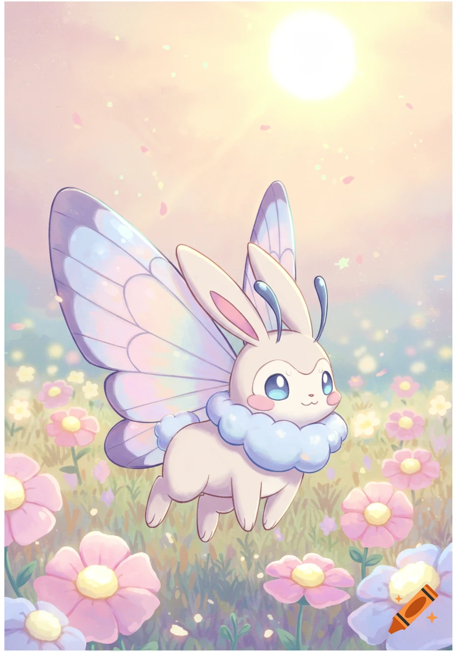 A cute, cream-colored butterfly-bunny creature with pastel wings stands in a sunny flower field, retro Pokemon-style.