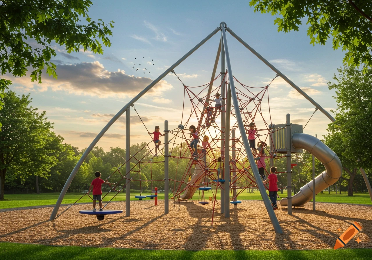 Children play on a large climbing structure and slide at a sunny outdoor playground.
