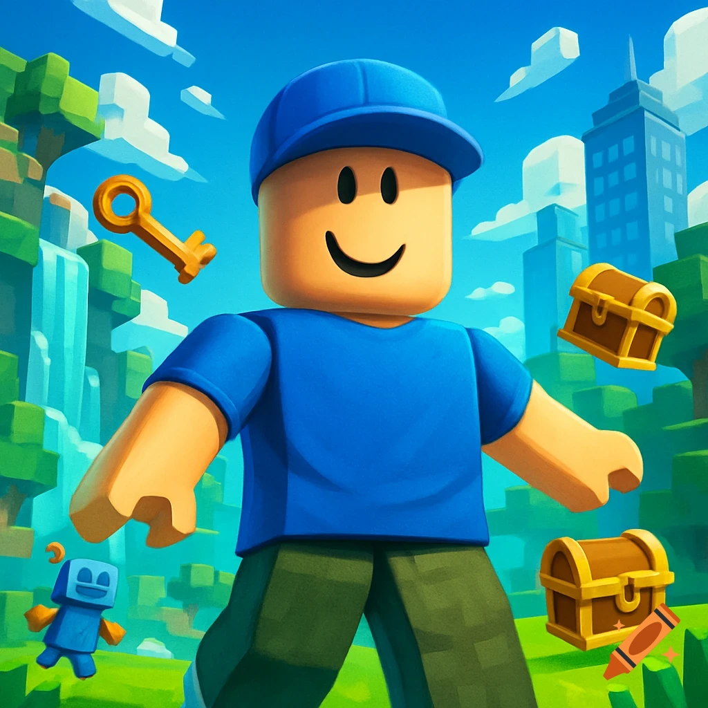 Roblox-style character in a blocky landscape with a golden key, treasure chests, and a small blue robot.