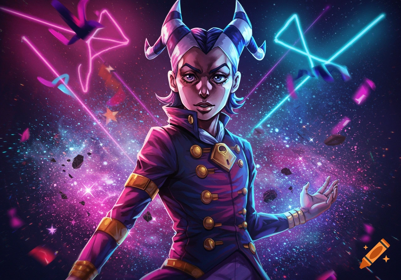 A stylized character with striped horns and a blue military-style jacket stands in a vibrant, neon-lit cosmic background.
