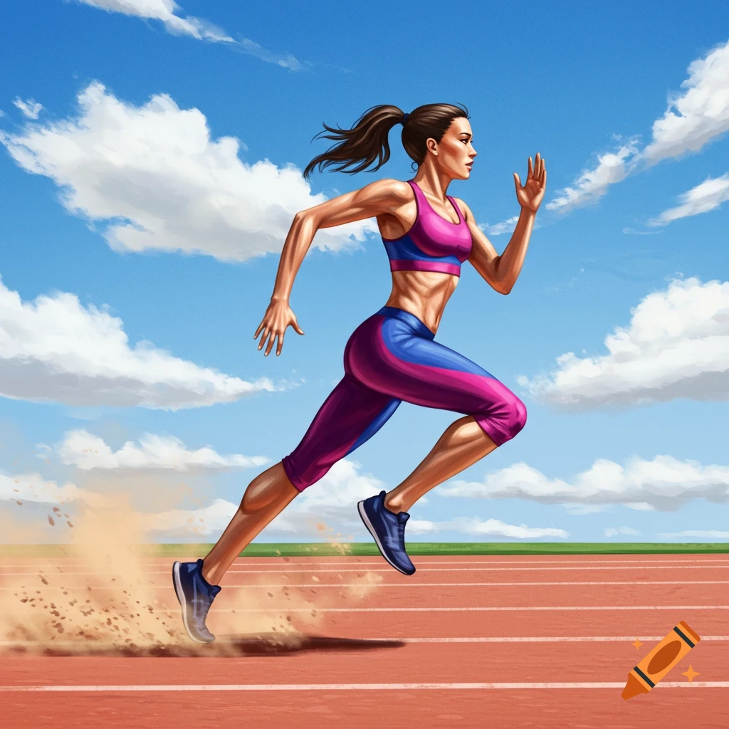 An athletic woman with a ponytail sprints on a red track under a blue sky with clouds, kicking up dust, in a vibrant digital art style.