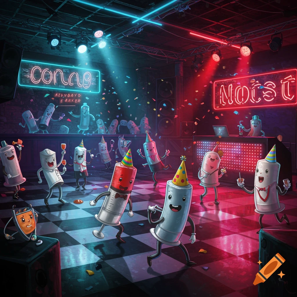 Colorful cartoon anthropomorphic syringes dance at a vibrant nightclub party with confetti and neon signs.