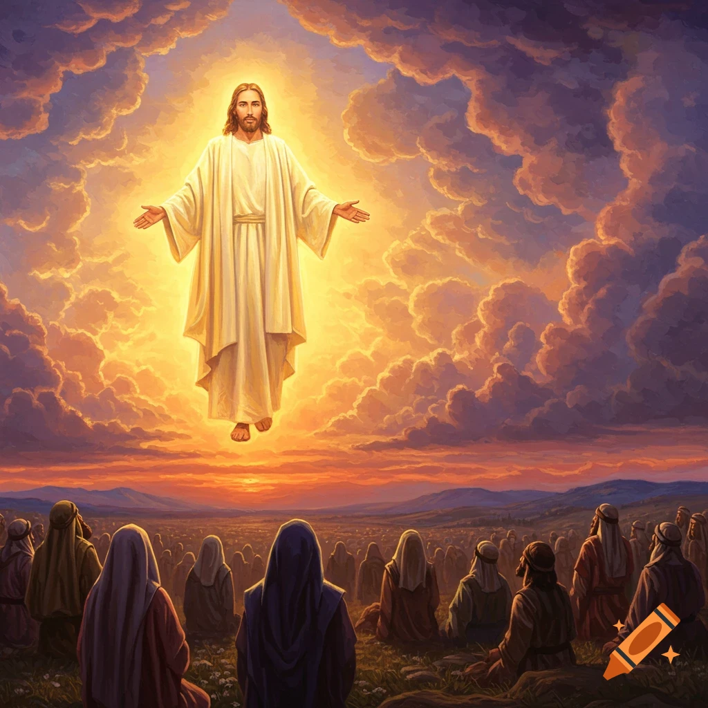Jesus Christ in glowing clouds, ascending over a crowd of people in a field at sunset, digital painting.