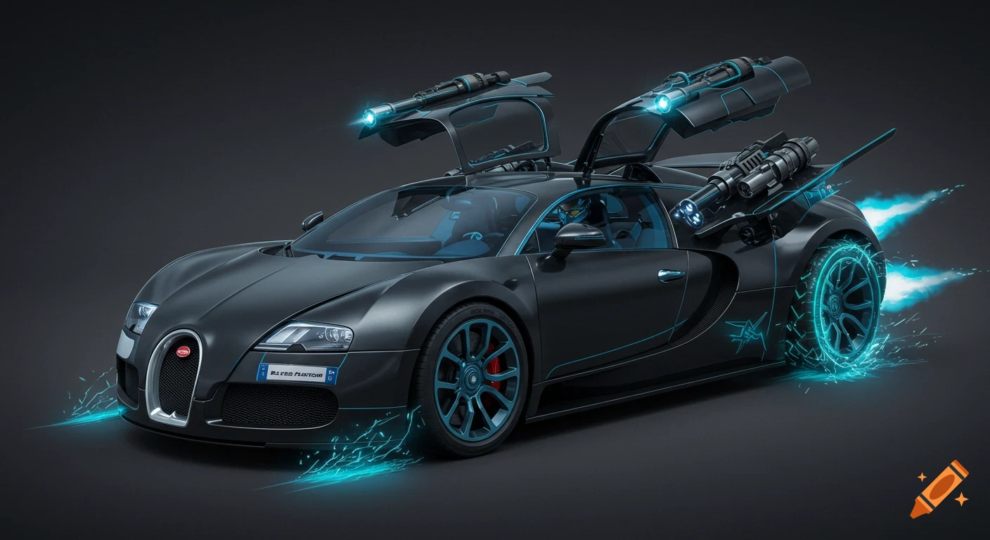 A sleek, matte black Bugatti Veyron concept car with open butterfly doors, glowing blue accents, futuristic weapons, and energy effects on its wheels and thrusters against a dark background.