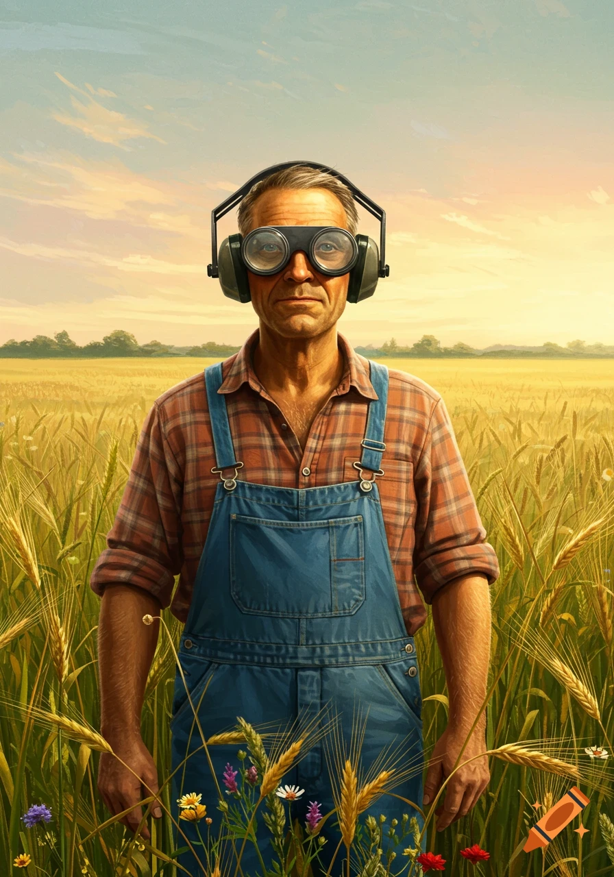 Realistic illustration of a farmer wearing ear protection goggles over his eyes, standing in a golden wheat field with wildflowers.