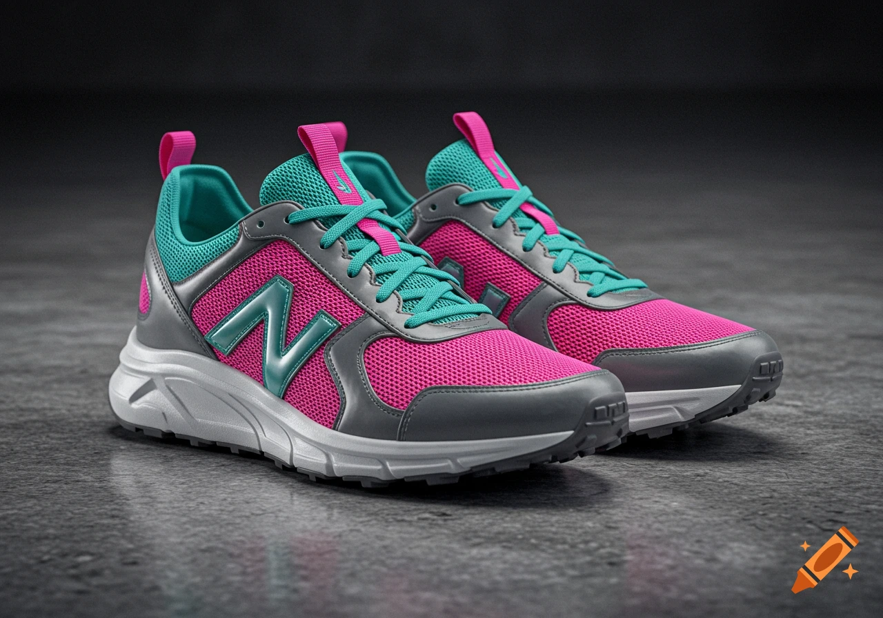 A pair of vibrant pink, teal, and grey athletic sneakers with an 'N' logo, on a dark concrete surface.