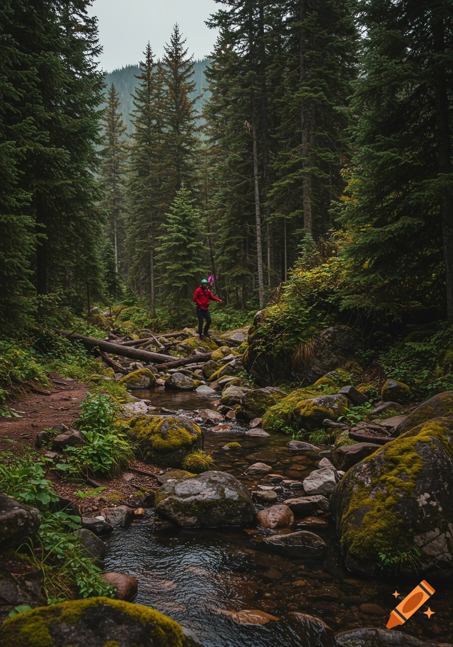 A person in a red jacket hikes over rocks and logs in a vibrant green forest with a stream.