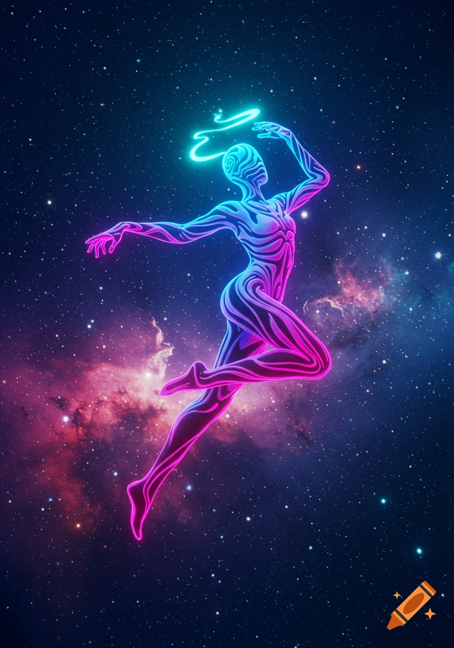 A neon-glowing abstract figure dances in a starry cosmic sky with pink and blue nebulae.