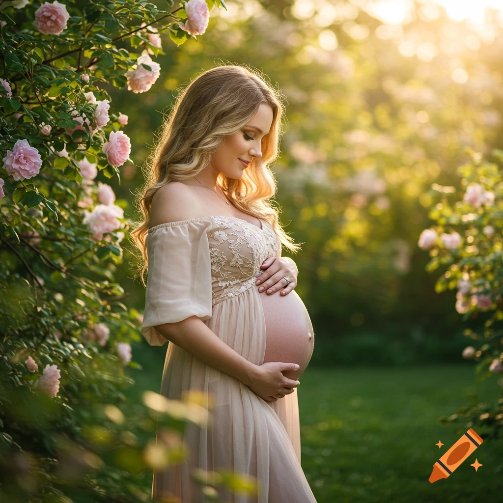 A pregnant woman in a flowing dress stands in a rose garden at sunset, looking down at her belly in a golden-lit, photorealistic scene.