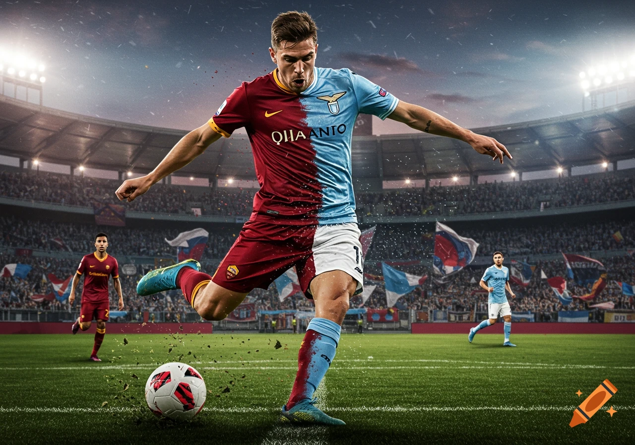 Photorealistic image of a soccer player mid-kick on a field, wearing a jersey split red and light blue, in a stadium.