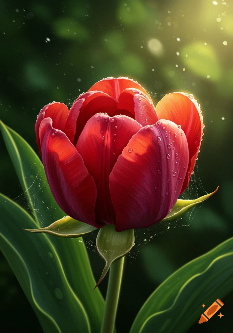 Close-up of a vibrant red flower covered in water droplets and delicate spiderwebs, with lush green leaves and a sunlit bokeh background.