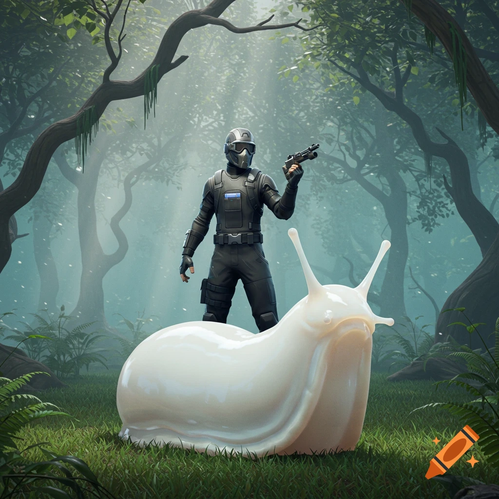 A futuristic soldier holding a pistol stands next to a large white slug in a foggy, lush forest.