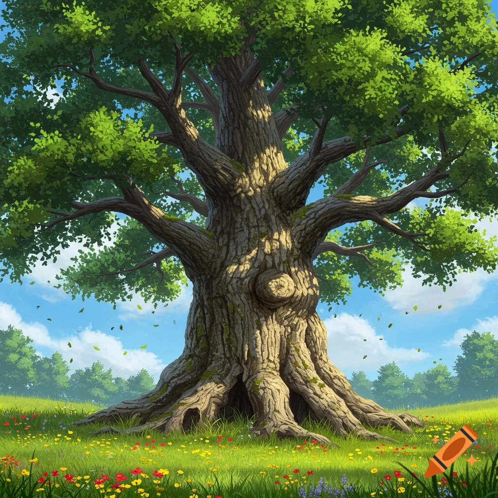 A large, ancient oak tree with green leaves in a vibrant wildflower meadow under a blue sky, in an illustrative style.