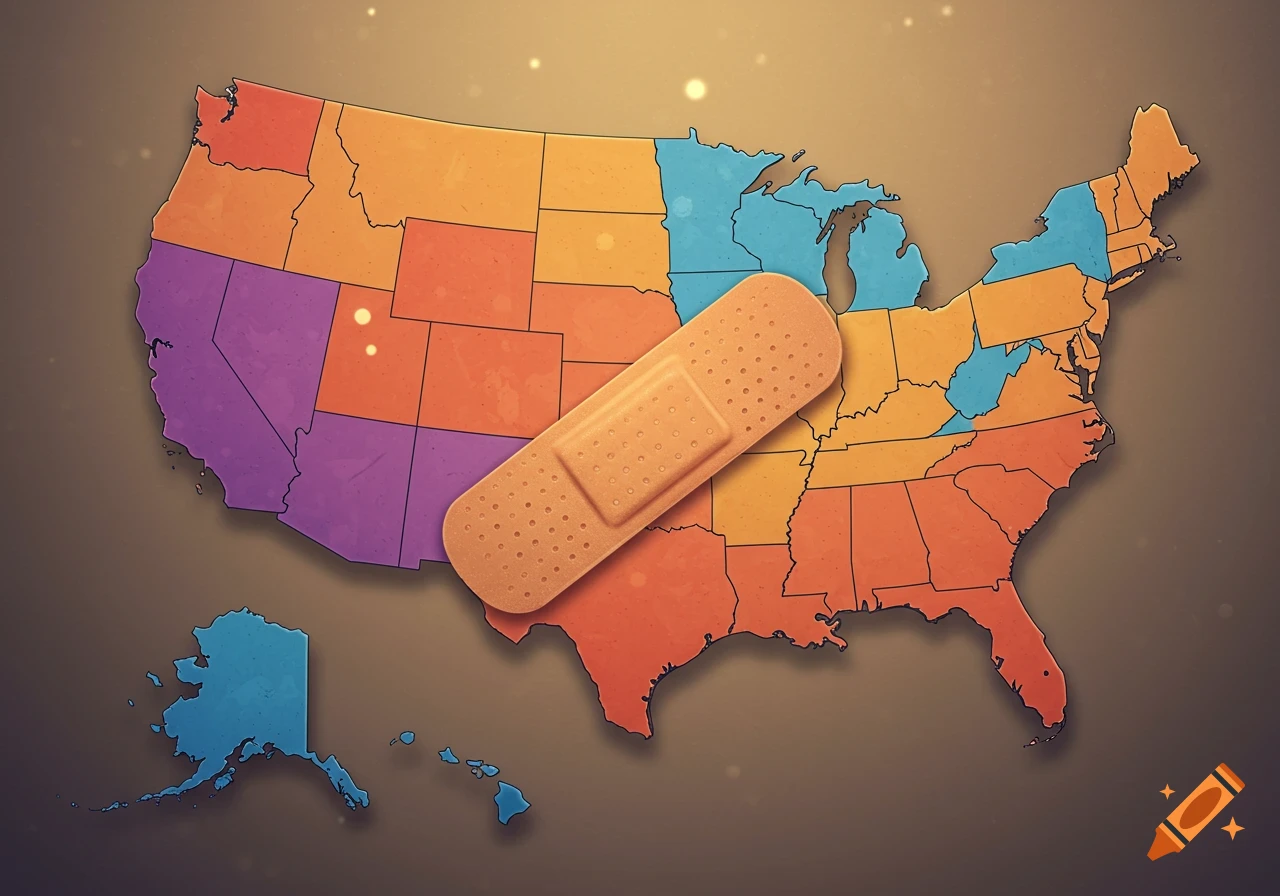 Illustrated map of the United States with states colored in regions, with a large band-aid placed over the central part of the country.