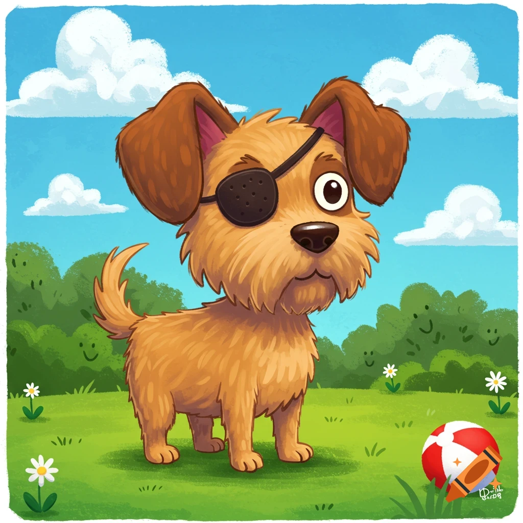 Cartoon illustration of a shaggy brown dog wearing a black eye patch, standing in a green field with a red and white ball.