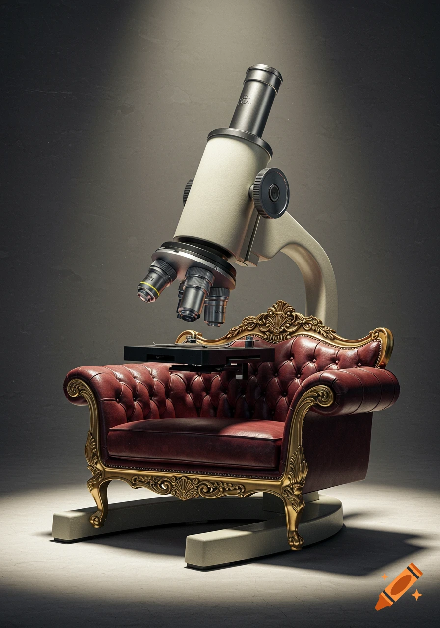 A photorealistic image of a microscope fused with a plush red leather armchair, highlighted by a spotlight on a dark background.