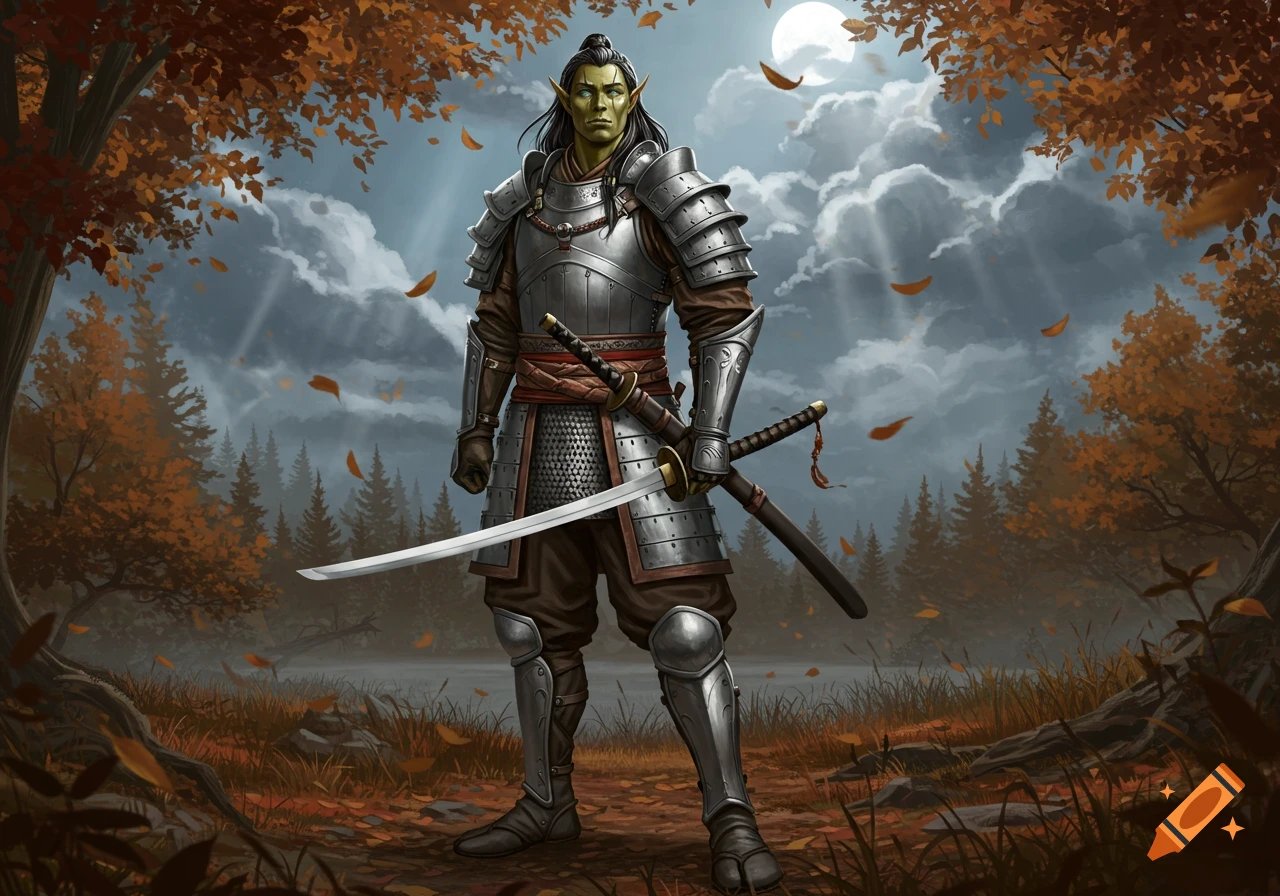 A tall, green-skinned half-elf, half-orc warrior in samurai armor stands in an autumn forest under a full moon.