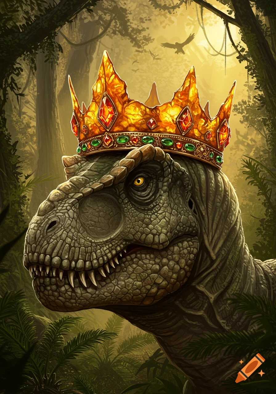 A majestic Tyrannosaurus Rex wears an ornate golden, jeweled crown in a vibrant jungle, rendered in a detailed illustration style.