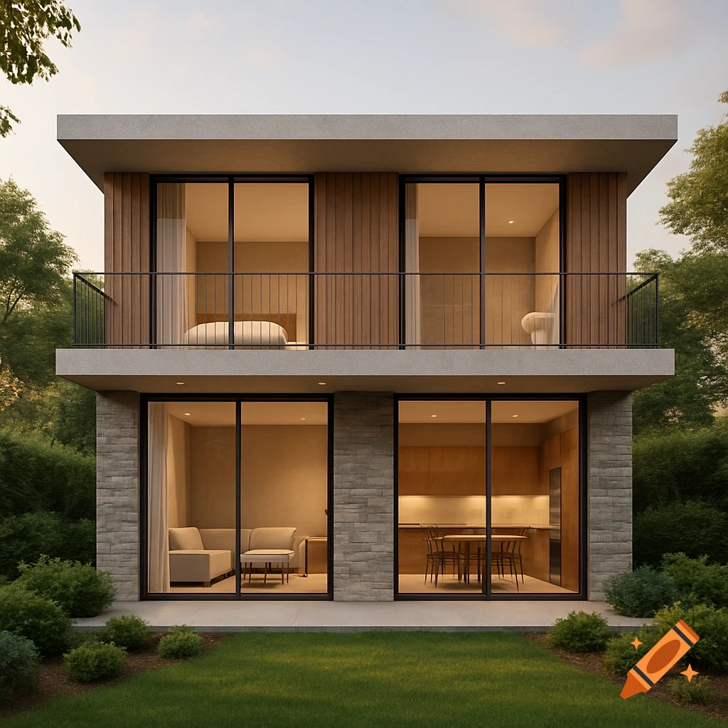 A modern two-story house with a flat roof, large glass windows, balconies, and surrounding greenery, seen from a grassy lawn.