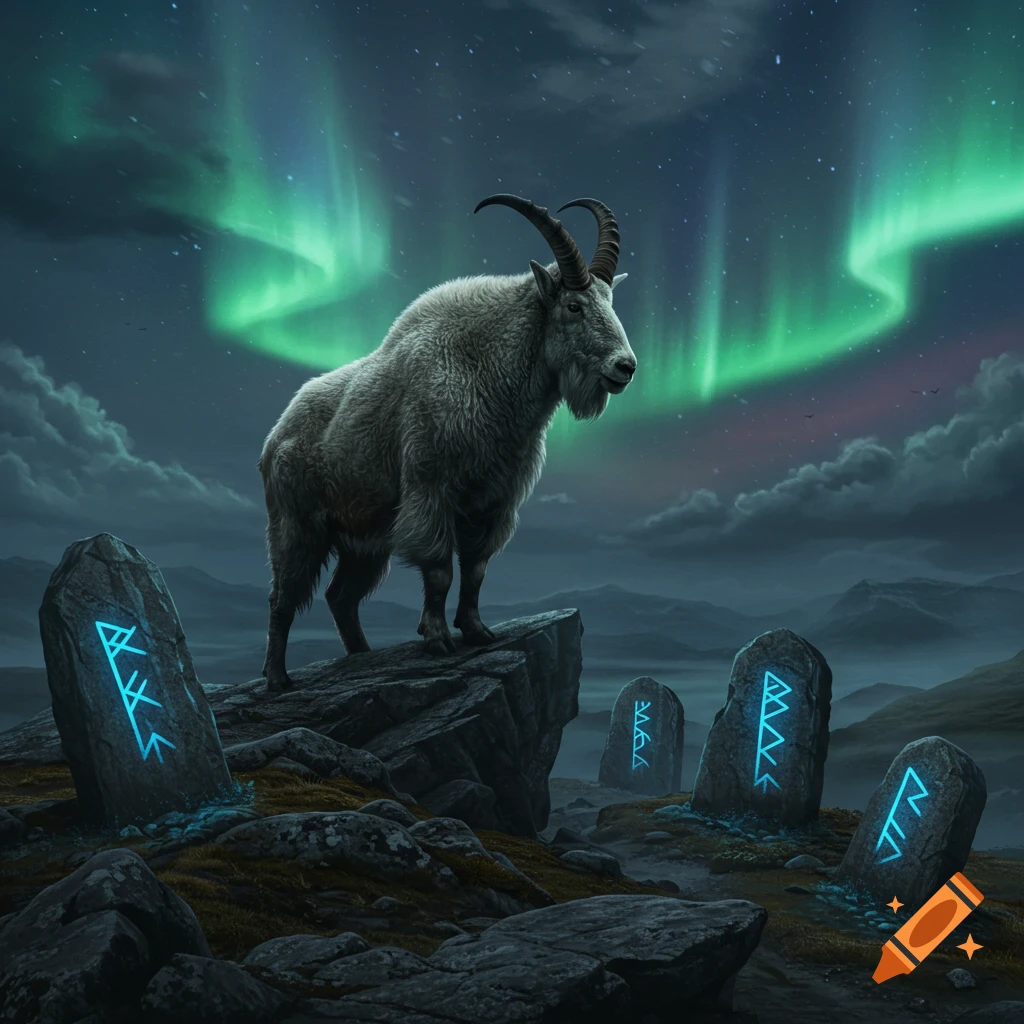 A majestic white mountain goat stands on a rocky outcrop under a vibrant green aurora borealis. Several large rune stones glow with blue symbols in the foreground.
