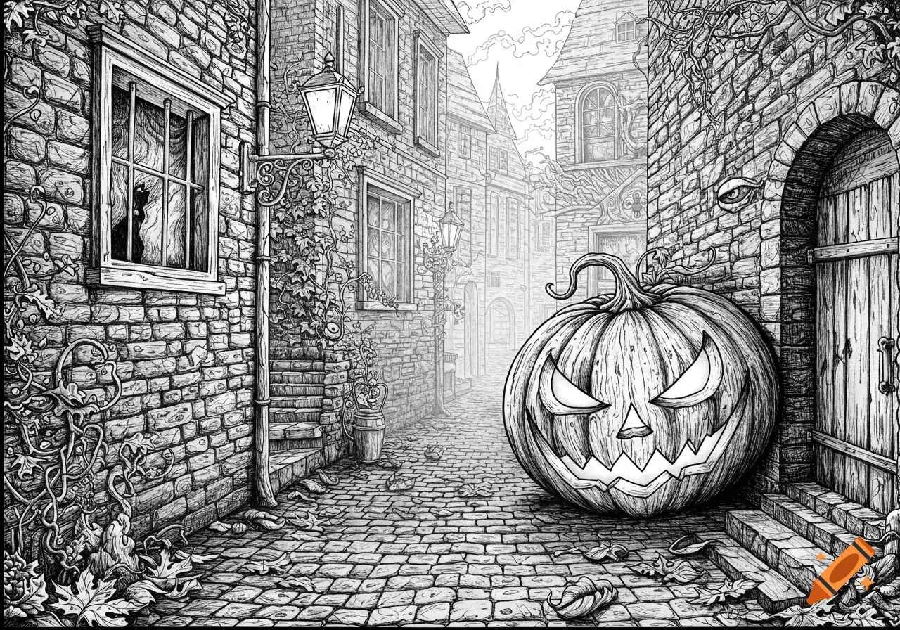 A spooky black and white line art of a large, grinning jack-o'-lantern in a narrow, brick alleyway with old buildings.