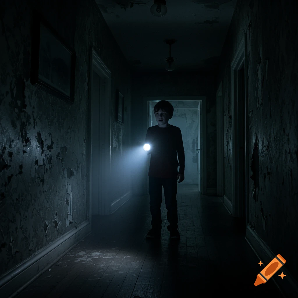 A young boy holds a flashlight, casting light down a dark, decaying hallway, creating a suspenseful atmosphere in cinematic horror style.