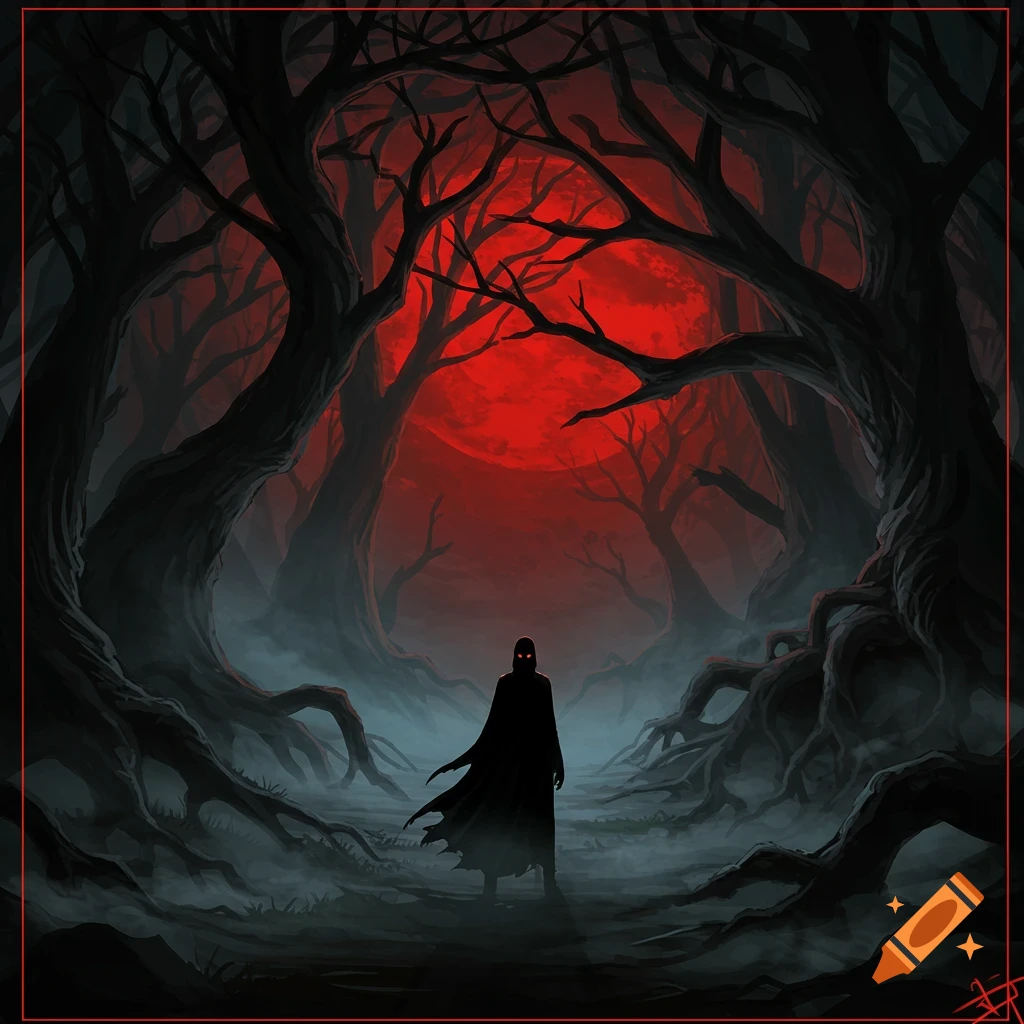 A cloaked figure with glowing red eyes stands in a dark, gnarled forest under an ominous red moon, digital illustration.
